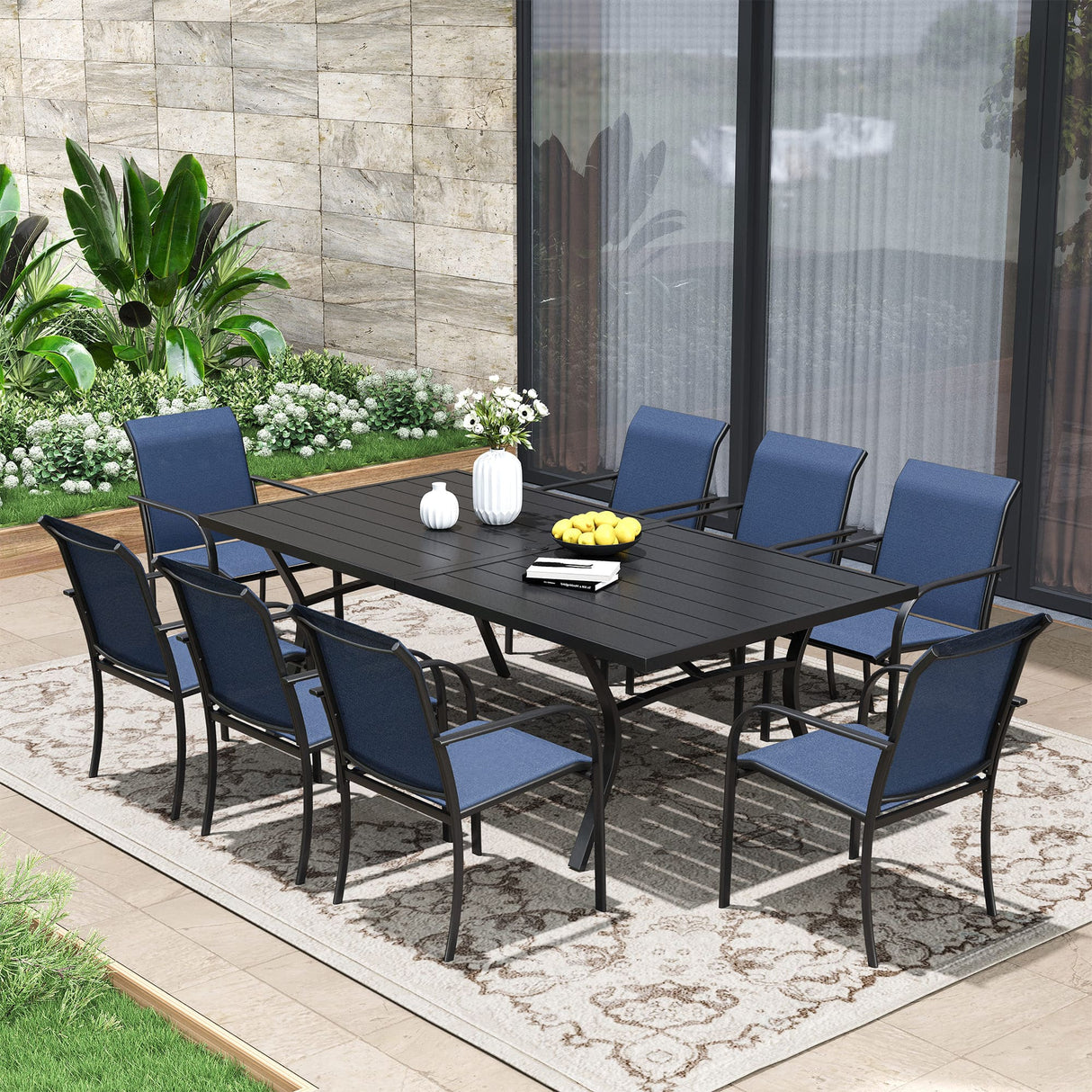 VICLLAX Patio 9 Pieces Outdoor Dining Set, 70.9" Rectangular Metal Dining Table and Stackable Sling Dining Chair with Armrest