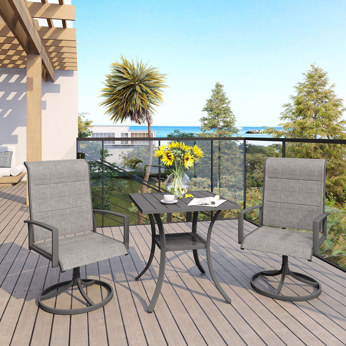 Vicllax Patio Padded Swivel Dining Chairs with Textilene Deep Seating and Armrest