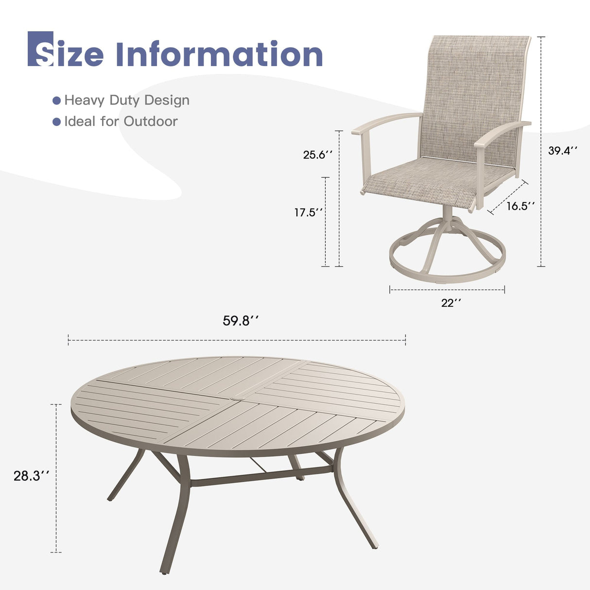 VICLLAX 9-pcs Outdoor Dining Set, 60” Round Metal Table with Umbrella Hole & 8 Swivel Textilene Chairs