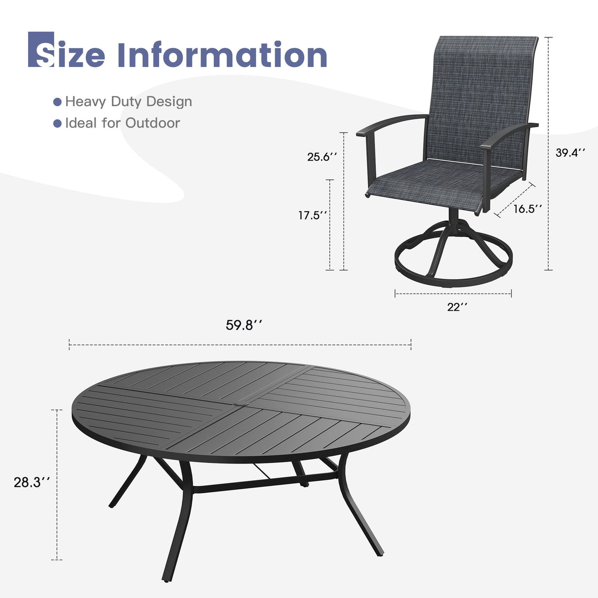 VICLLAX 9-pcs Outdoor Dining Set, 60” Round Metal Table with Umbrella Hole & 8 Swivel Textilene Chairs