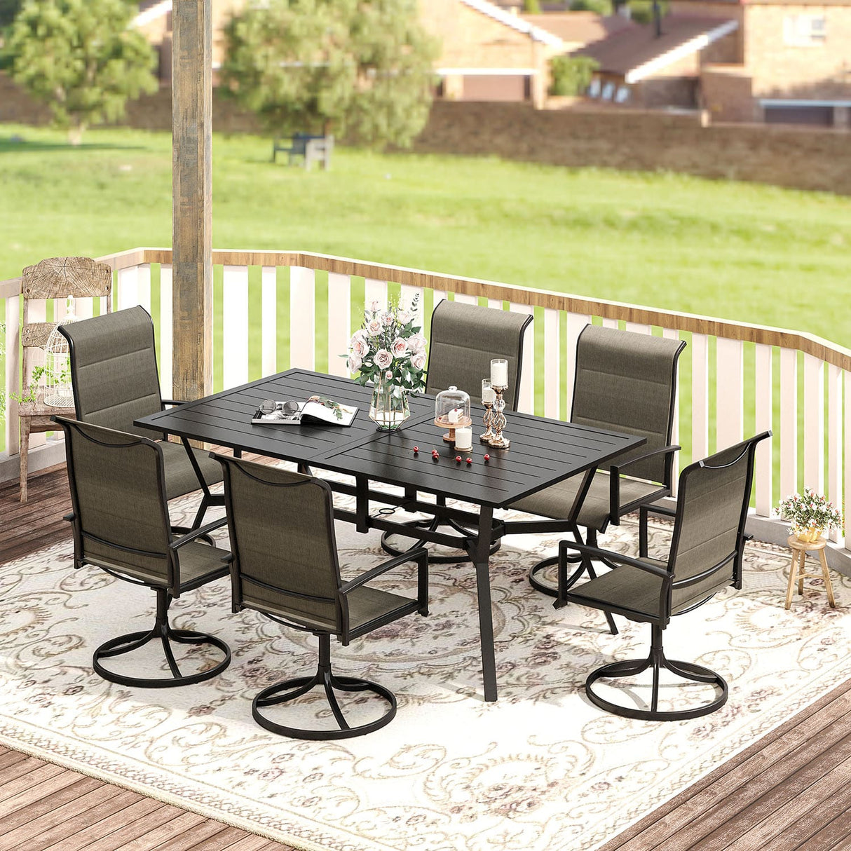 Vicllax 7 Pieces Outdoor Dining Set with Metal Rectangular Table and Swivel Chair