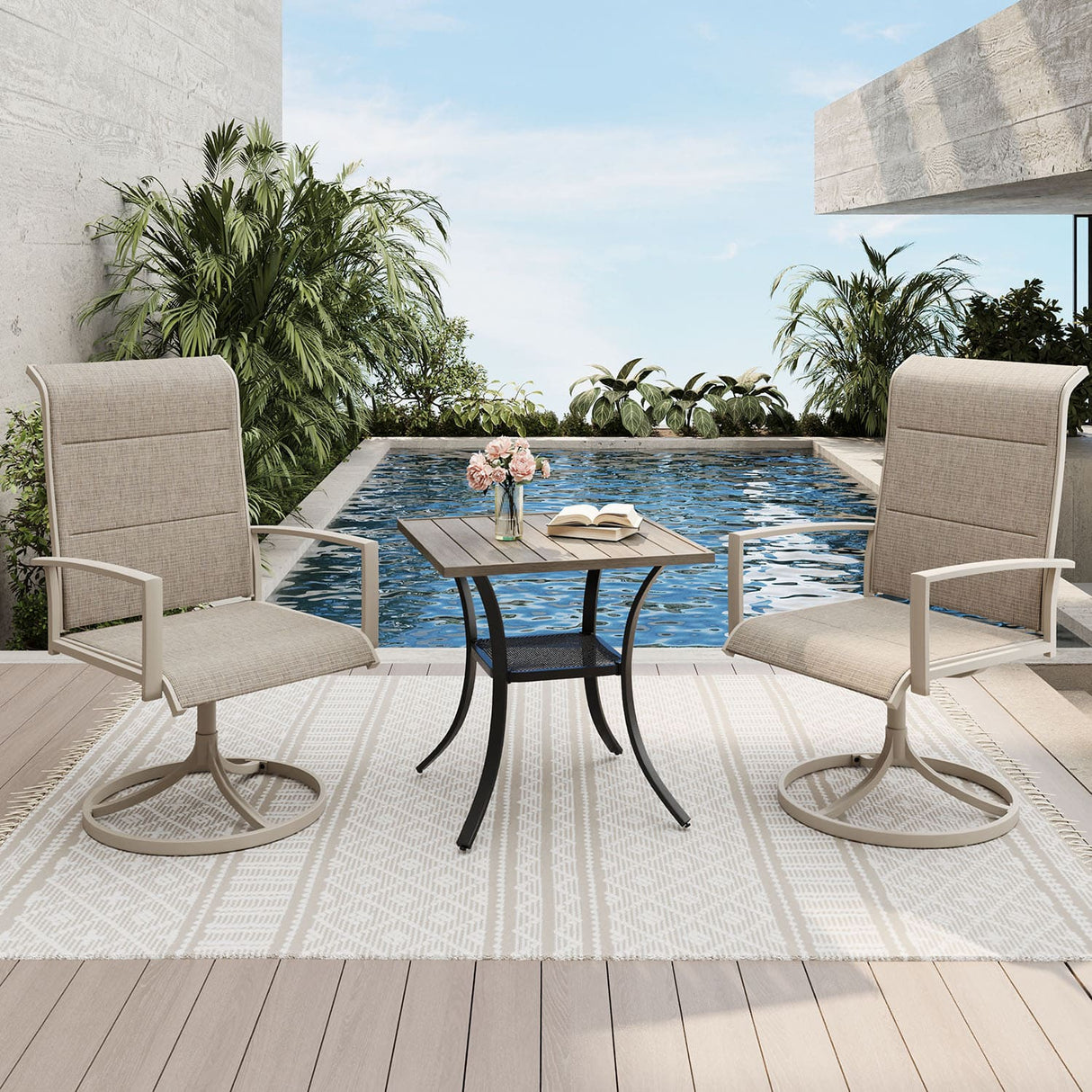 Vicllax 3-Piece Patio Bistro Set, Outdoor Swivel Chairs and Metal Square Table