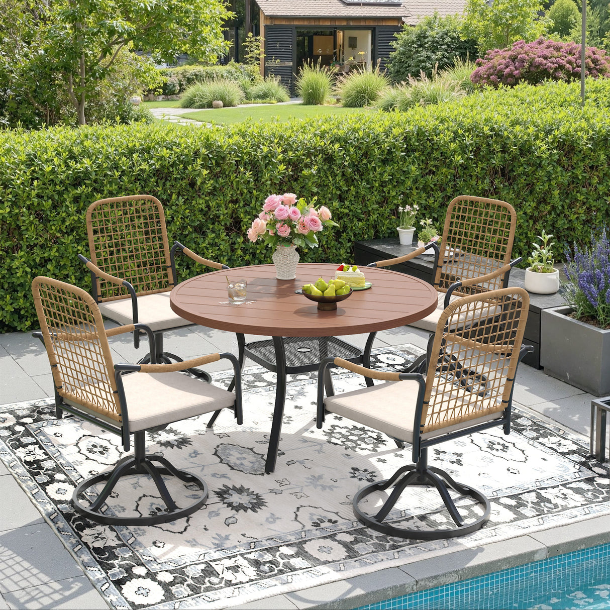 Vicllax 5-Piece Outdoor Dining Set, 47” Round Metal Table with Umbrella Hole & Solana Swivel Chair