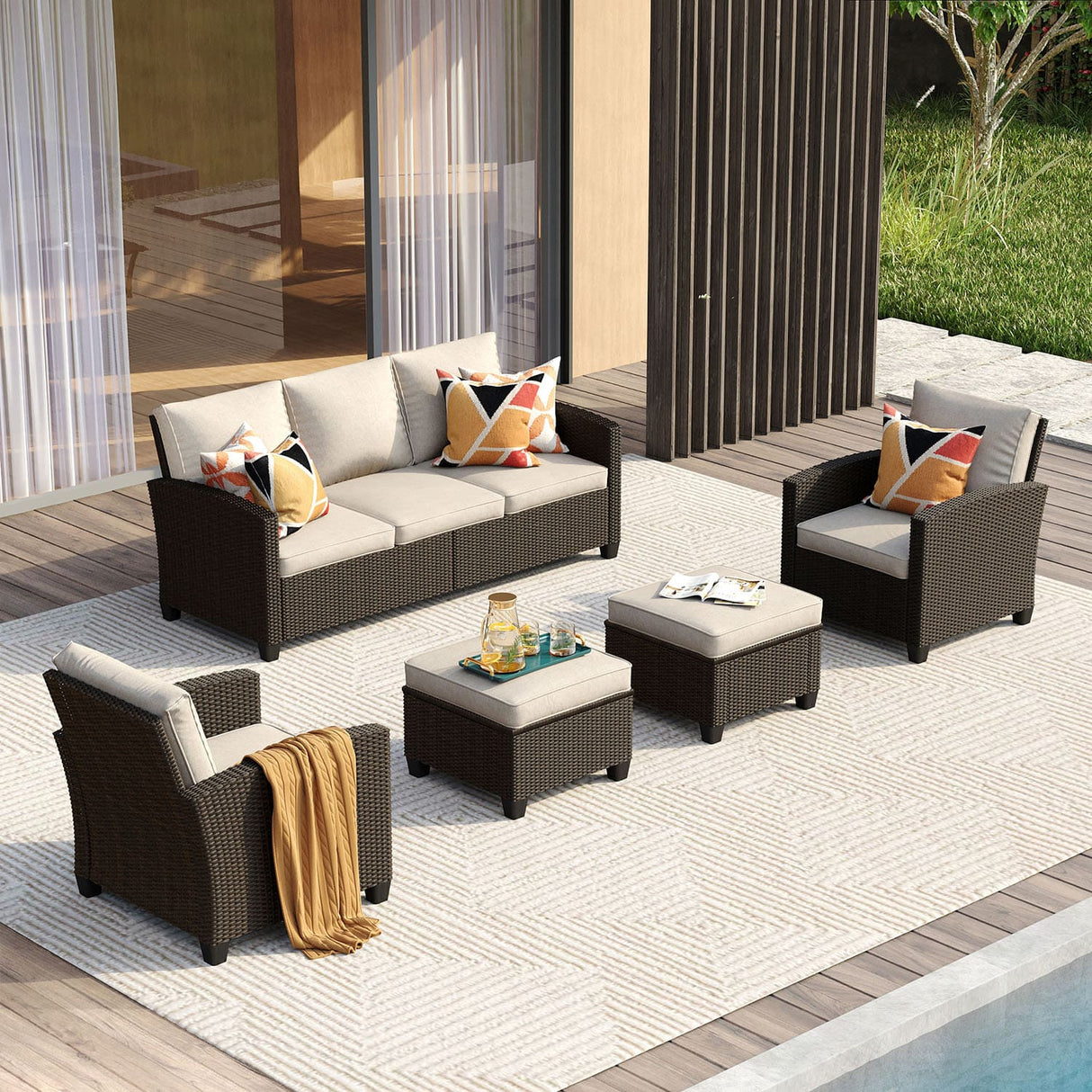 Vicllax Patio Sofa Set, Wicker Outdoor Conversation Set with Cushioned Sofa Chairs and Ottomans