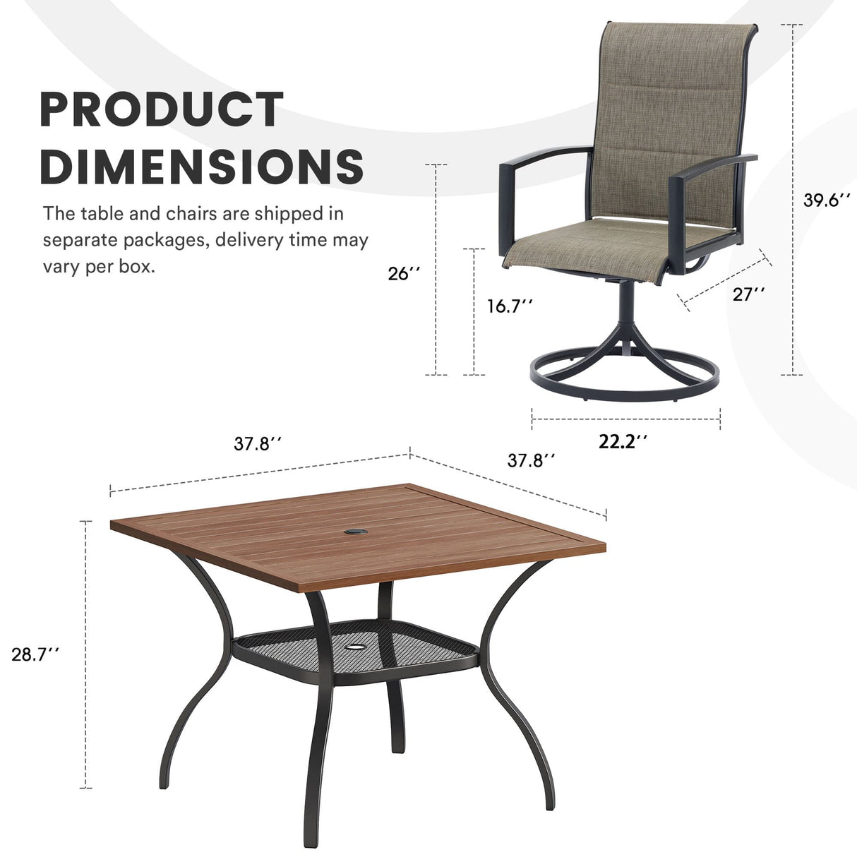 Vicllax 5 Pieces Outdoor Dining Set with Square Table and Padded Swivel Chairs