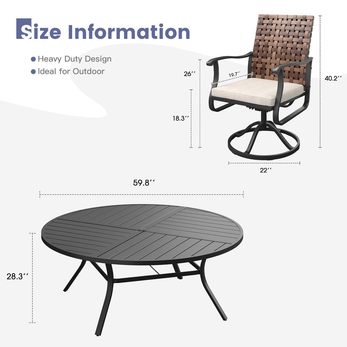 Vicllax 9 PCS Patio Dining Table Set, 60" Round Metal Table and Sienna Swivel Chairs
