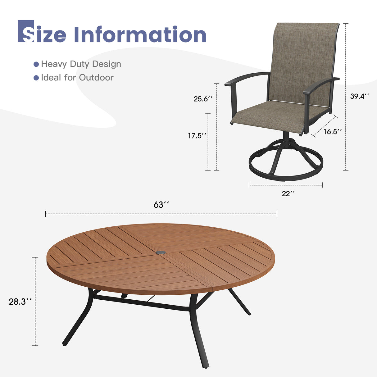 VICLLAX 9-pcs Outdoor Dining Set, 63” Round Metal Table with Umbrella Hole & 8 Swivel Textilene Chairs