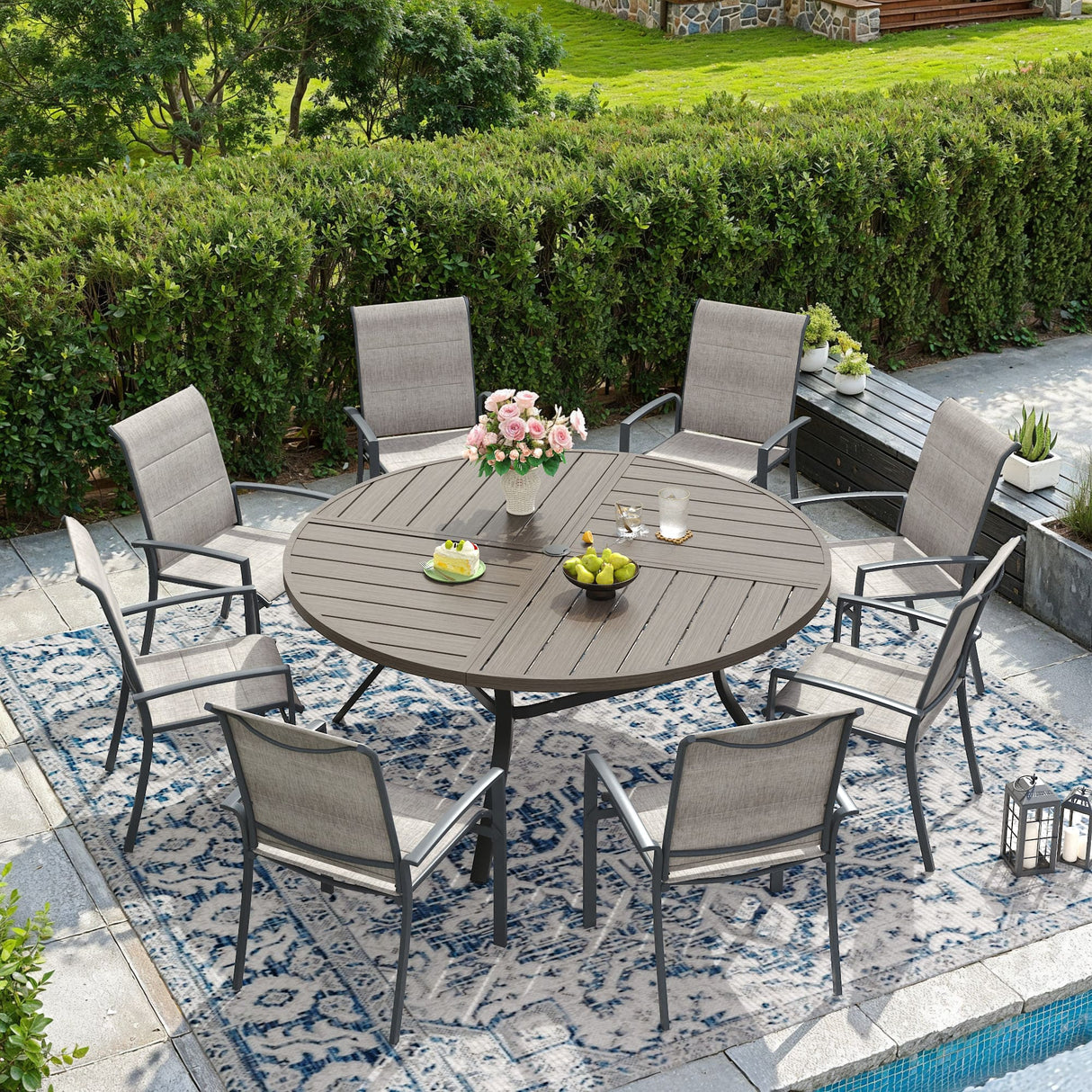 Vicllax Outdoor Dining Set of 8/10, Round Metal Table and Stackable Padded Chair Set of 8, 10