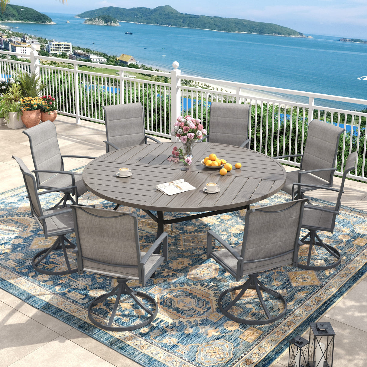 VICLLAX 9 PCS Patio Dining Table Set, 63" Round Metal Table with umbrella Hole and 8 Padded Swivel Chairs