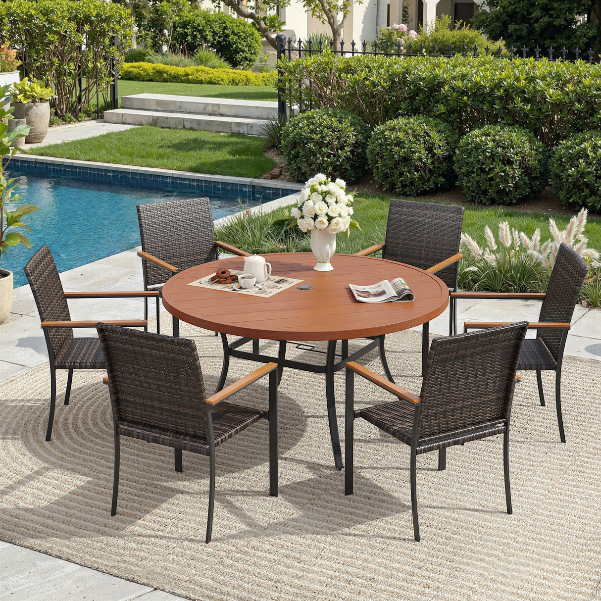Vicllax 7 Pieces Outdoor Dining Set, 47.2"Round Table and 6 Stackable Armchairs