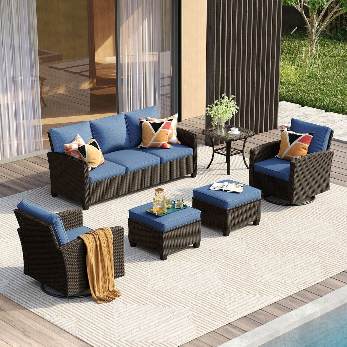 Vicllax Patio Sofa Set, Wicker Outdoor Conversation Set with Cushioned Sofa Chairs and Ottomans