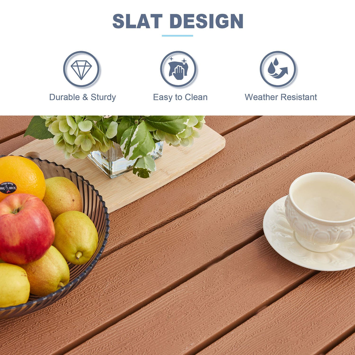 Vicllax Outdoor Plastic Top Patio Wood-Like Grain Round Dining Table for 4/6/8