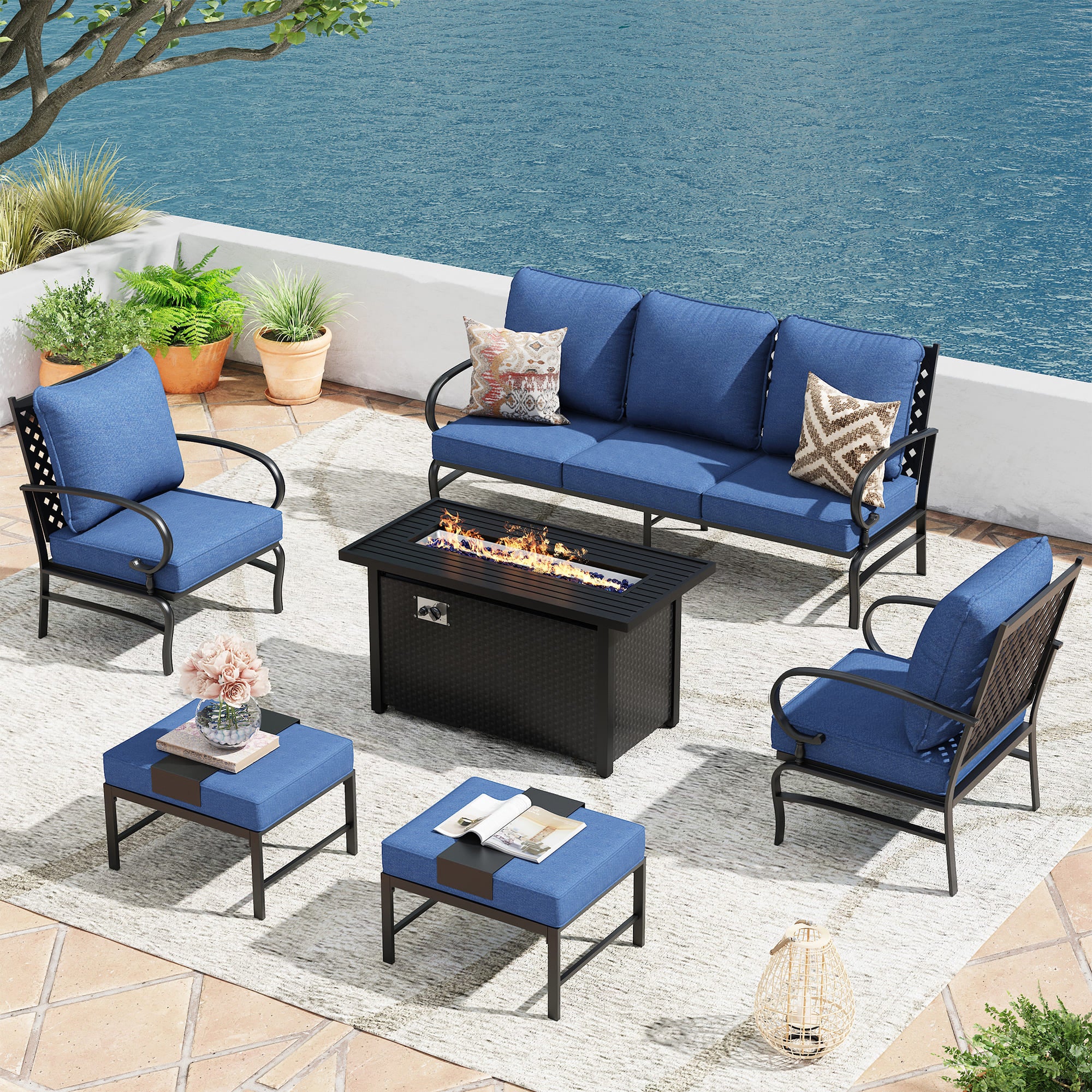 Vicllax Outdoor Patio Conversation Sofa Set with Cushioned Sofa Chairs, Ottomans and Metal Rectangular Fire Pit, Blue