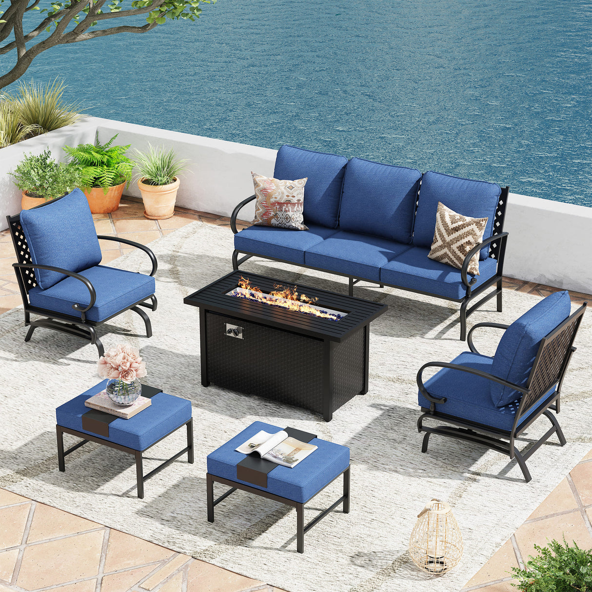 Vicllax Outdoor Patio Conversation Sofa Set with Cushioned Sofa Chairs, Ottomans and Metal Rectangular Fire Pit, Blue