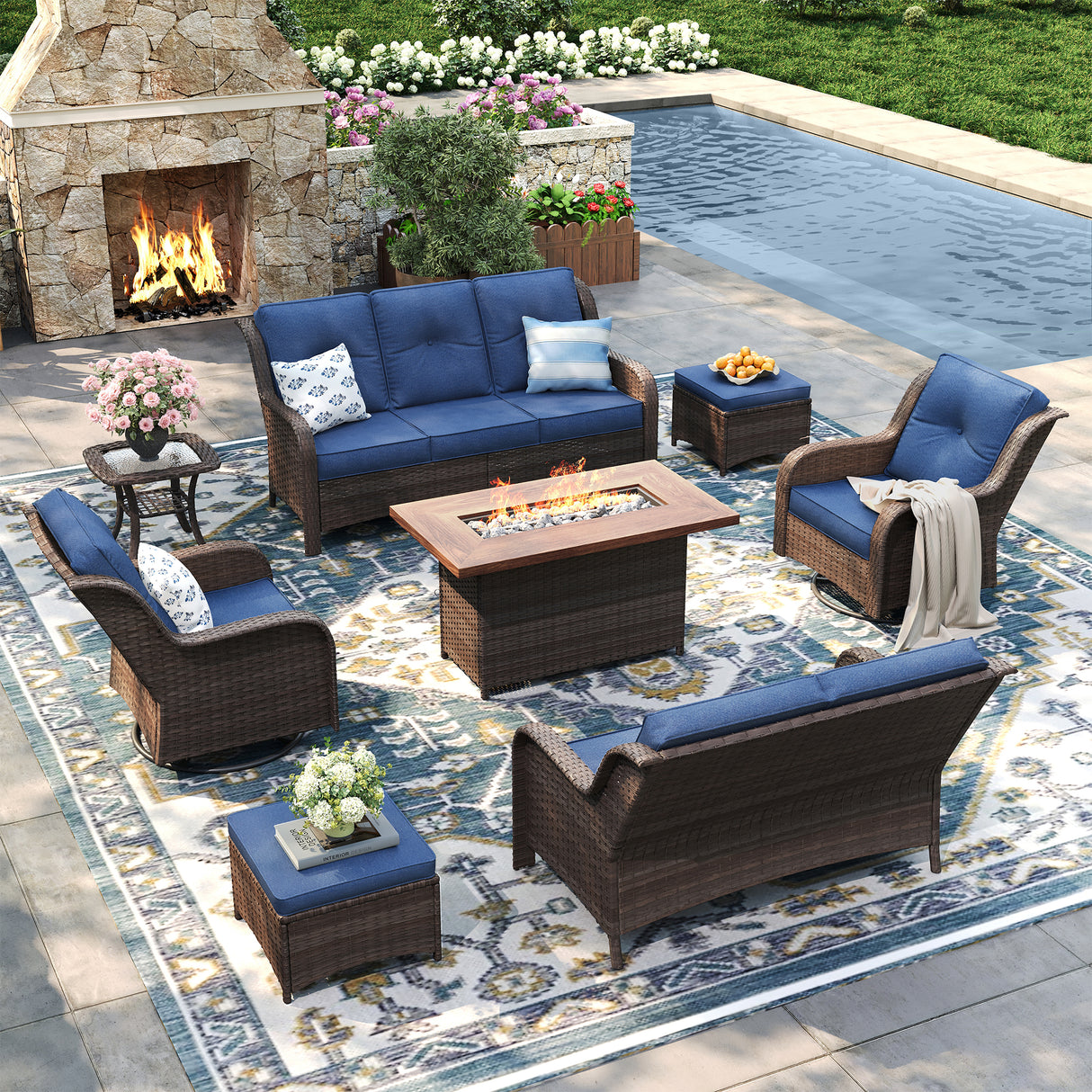 Vicllax Patio Wicker Oasis Lounge Set, 8-Piece Outdoor Sofa Set with Fire Pit Table(Swivel Sofa Chair Set)