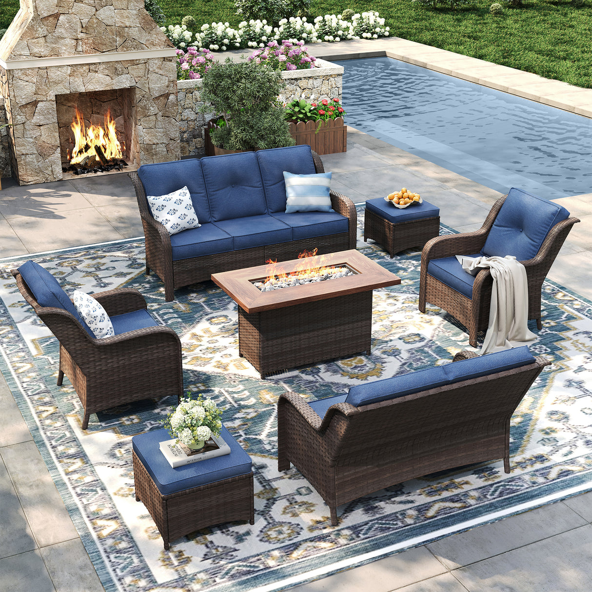 Vicllax Patio Wicker Oasis Lounge Set, 6-Piece Outdoor Sofa Set with Fire Pit Table(Stable Sofa Chair Set)
