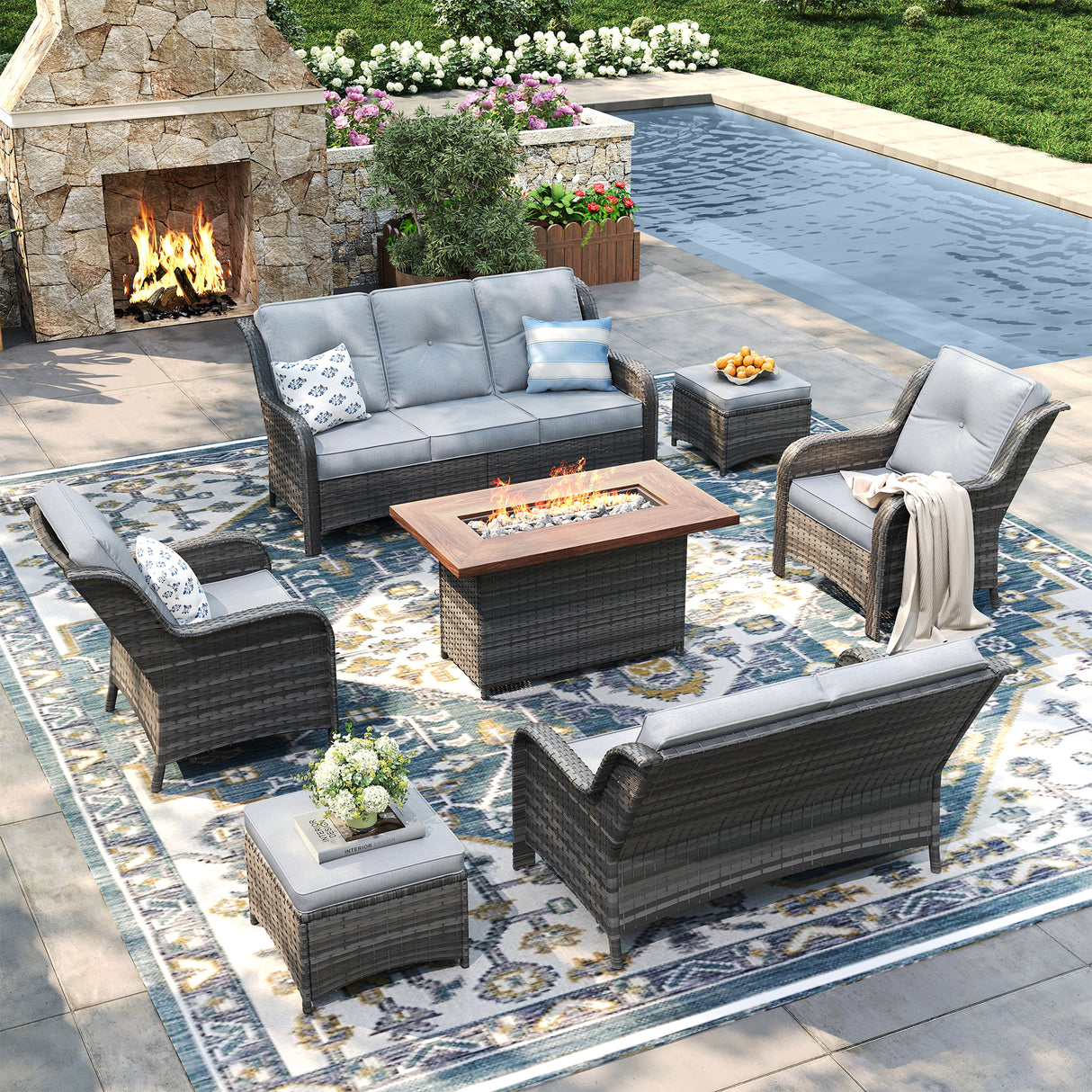 Vicllax Patio Wicker Oasis Lounge Set, 6-Piece Outdoor Sofa Set with Fire Pit Table(Stable Sofa Chair Set)