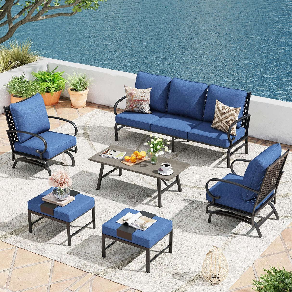 Vicllax Patio Conversation Set with Cushioned Sofa Chairs, Ottomans and Coffee Table(Beige or Navy Blue)