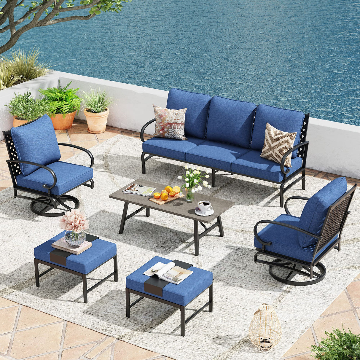 Vicllax Patio Conversation Set with Cushioned Sofa Chairs, Ottomans and Coffee Table(Beige or Navy Blue)