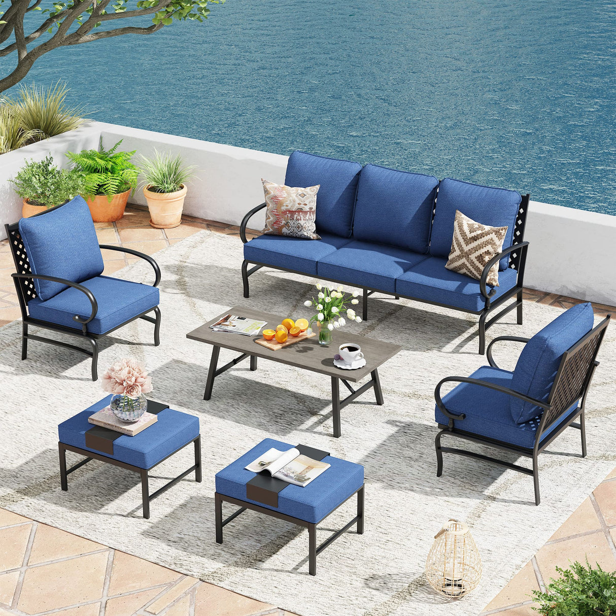 Vicllax Patio Conversation Set with Cushioned Sofa Chairs, Ottomans and Coffee Table(Beige or Navy Blue)