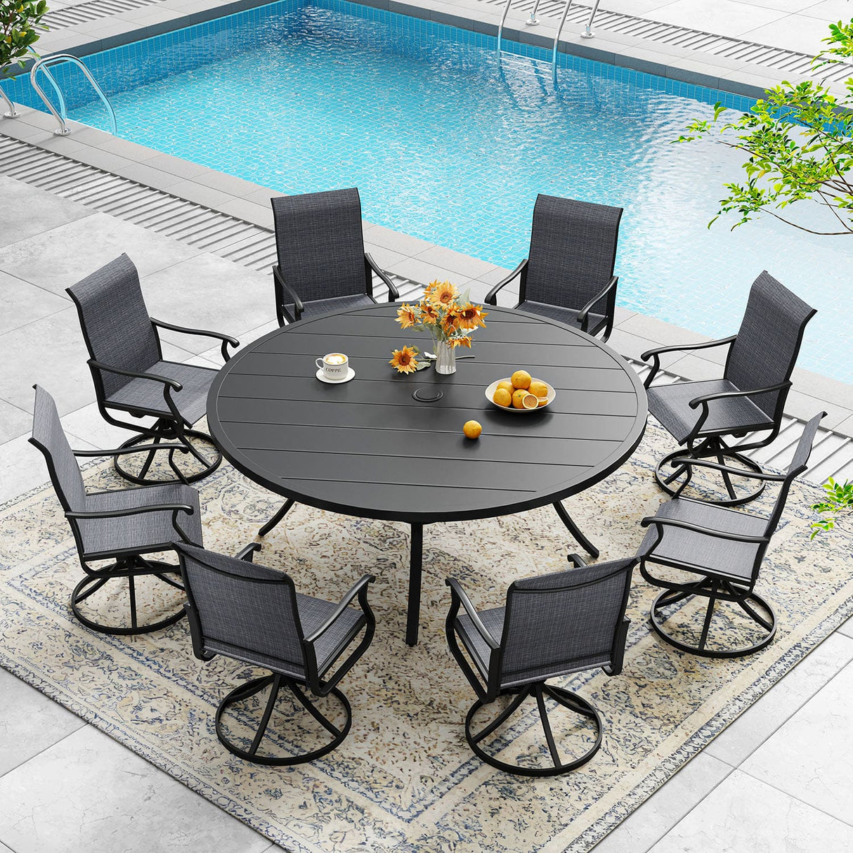 Vicllax 7/9 Pieces Outdoor Dining Set, Metal Round Dining Table and Premium Swivel Chairs