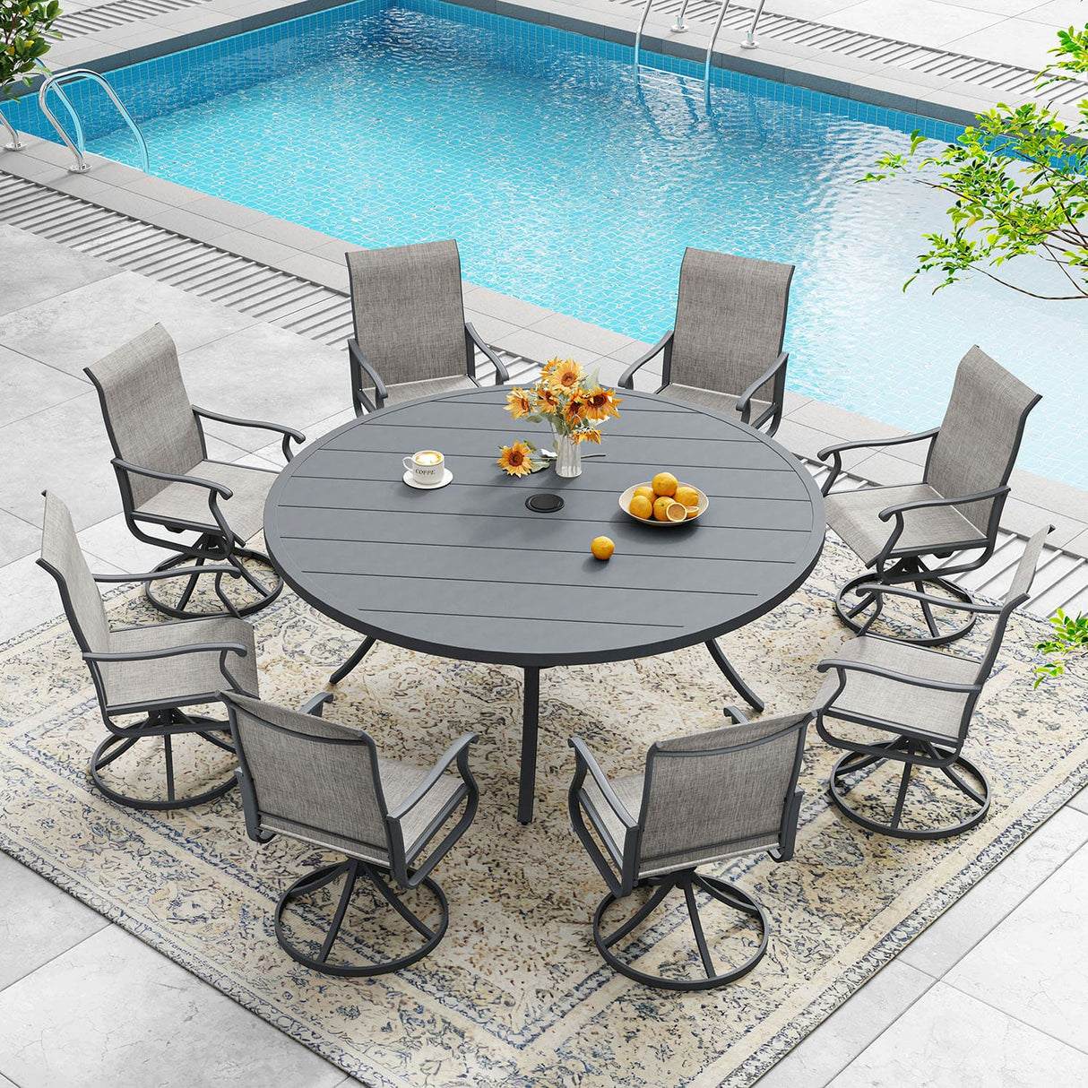 Vicllax 7/9 Pieces Outdoor Dining Set, Metal Round Dining Table and Premium Swivel Chairs