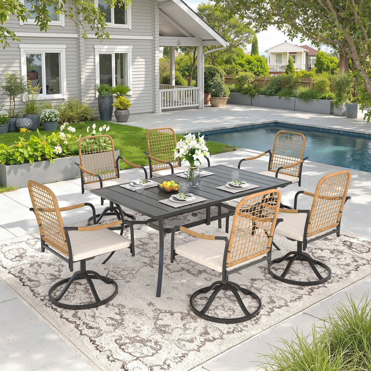 Vicllax Juego de comedor de exterior de 7 piezas con mesa rectangular de metal y sillas giratorias de textileno
