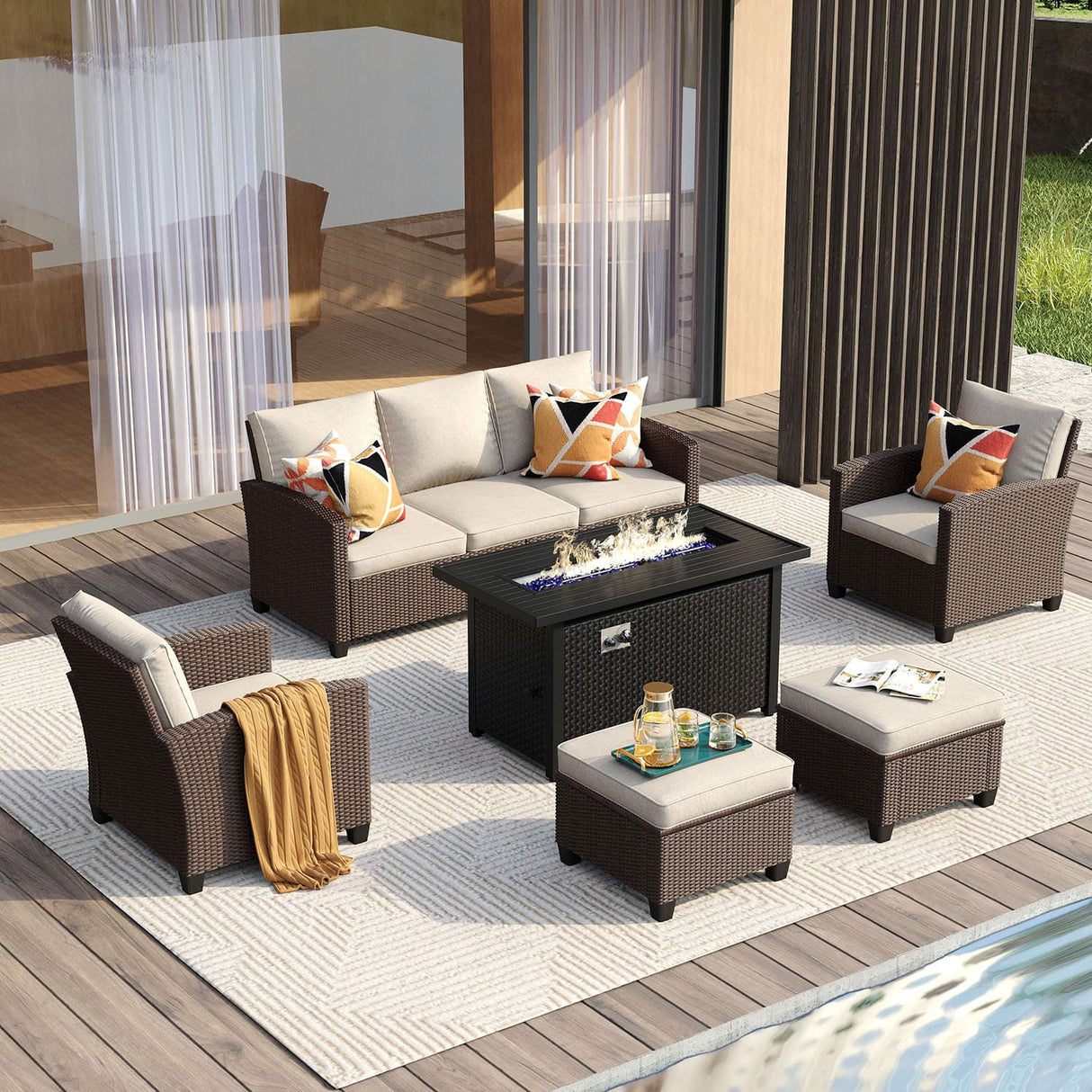 Vicllax Patio Furniture Set, Wicker Outdoor Conversation Set with Cushioned Sofa Chairs Fire Pit Table and Ottomans