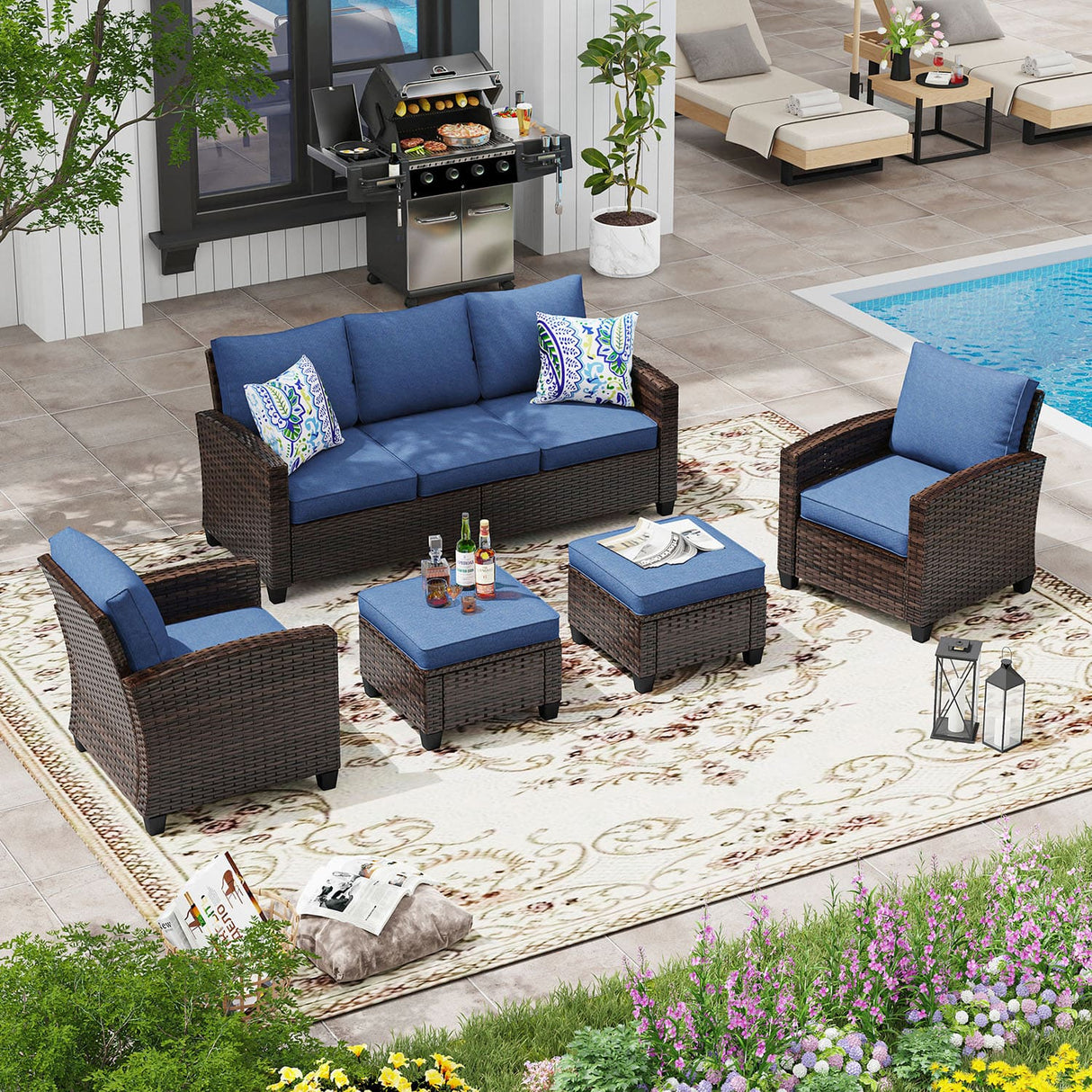 VICLLAX Versatile Wicker Patio Set: 5 Seater with Fire Table/Ottoman