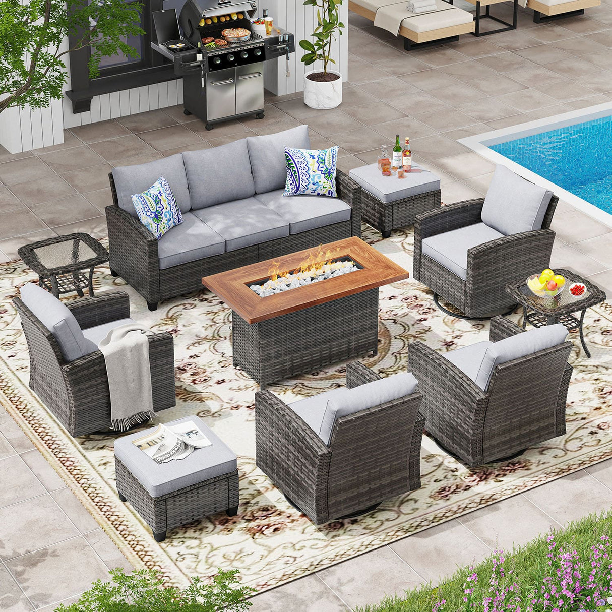 Vicllax Versatile Wicker Patio Set: 8 Pieces with Fire Table & Ottoman