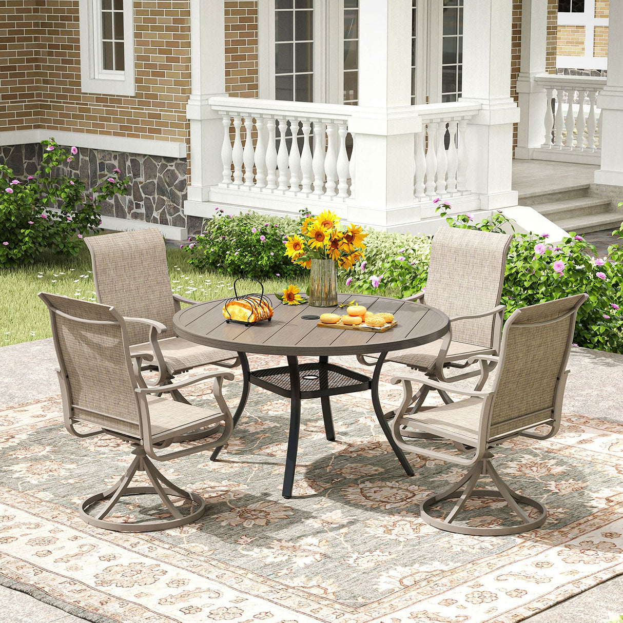 Vicllax 5/7 Pieces Outdoor Dining Set, Metal Round Dining Table and Premium Swivel Chairs