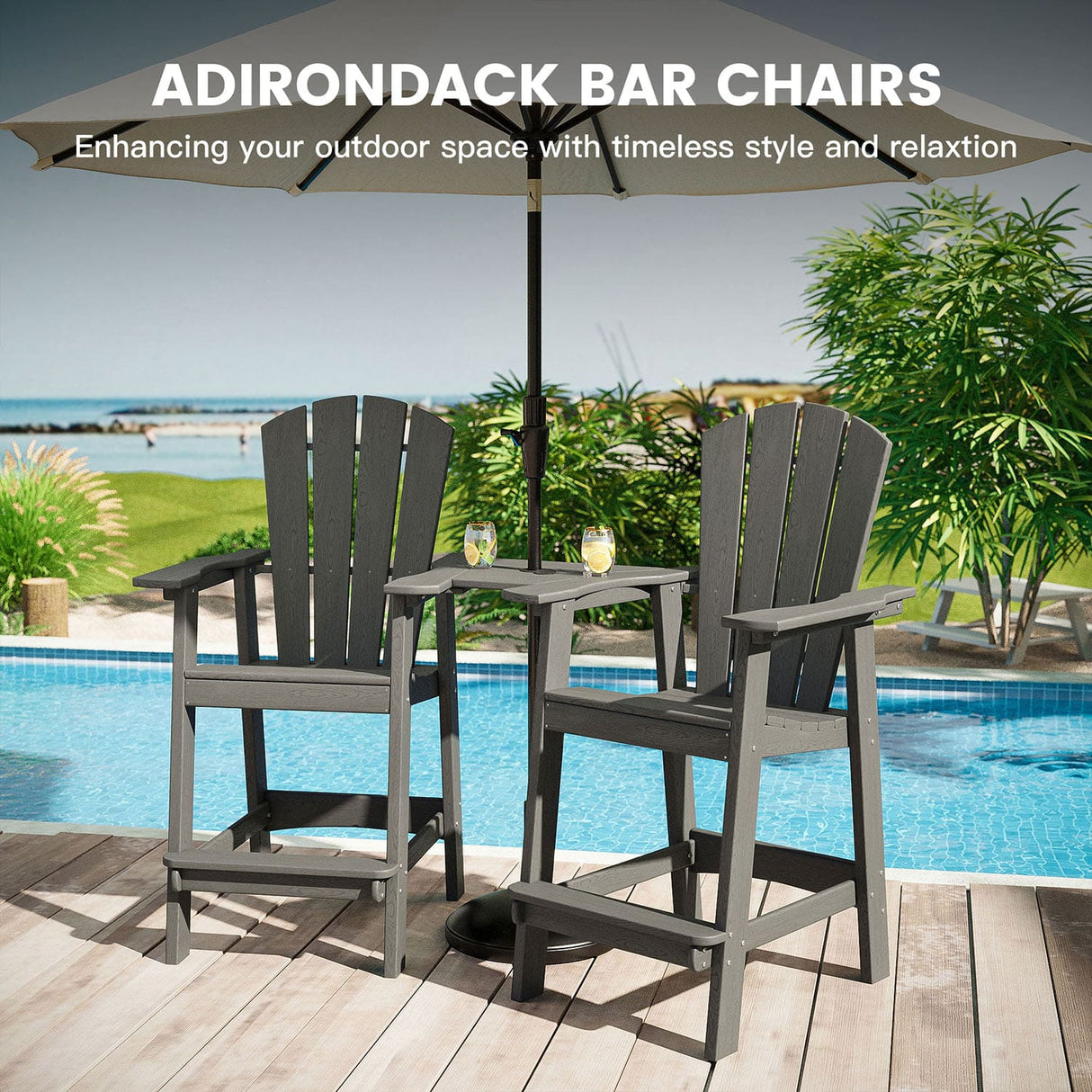 Vicllax Outdoor HDPE Adirondack Bar Chair, Patio Bar Stools with Umbrella Hole