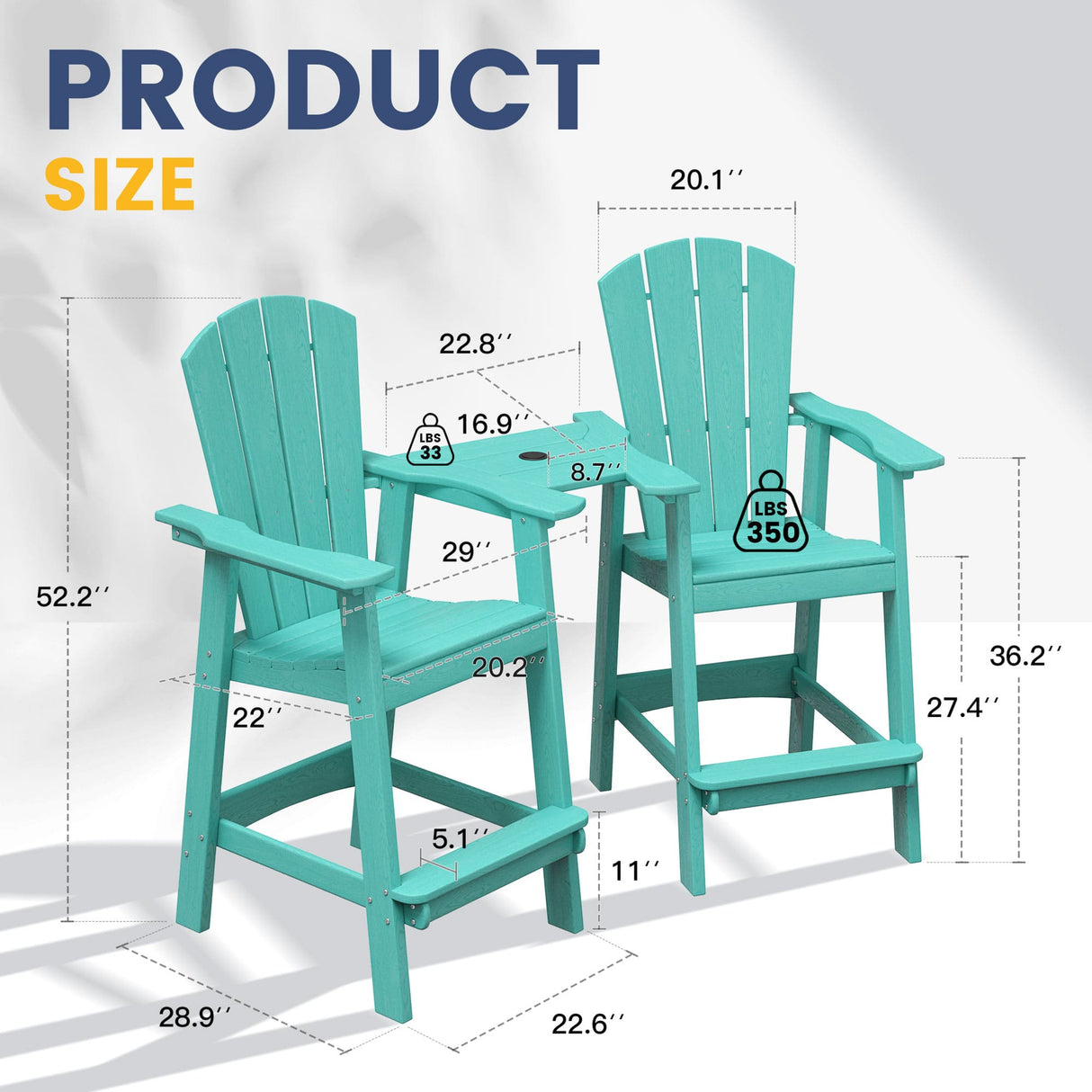 Vicllax Outdoor HDPE Adirondack Bar Chair, Patio Bar Stools with Umbrella Hole