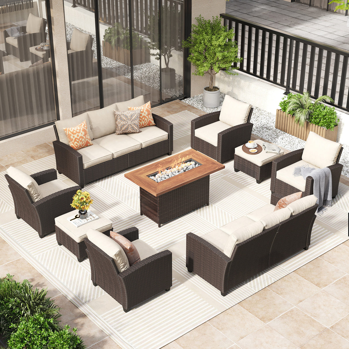Vicllax Patio Sofa Set, Wicker Outdoor Conversation Set with Cushioned Sofa Chairs with Wicker Fire Pit