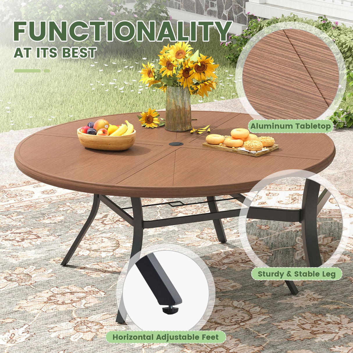 Vicllax Outdoor Round Dining Table, Patio Aluminum Tabletop with Storage Shelf