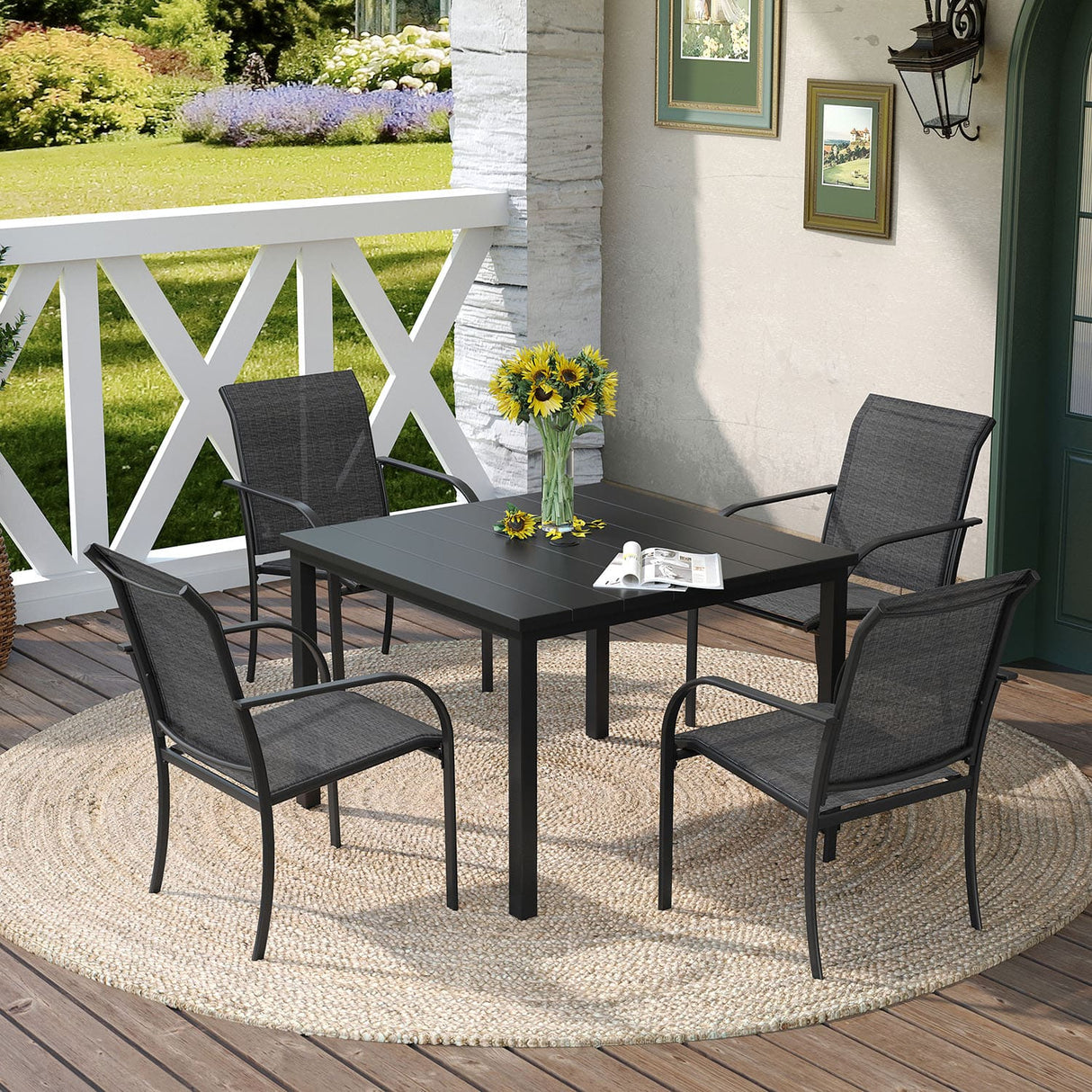 Vicllax Patio Dining Table for 4/6, Metal Dining Table with Umbrella Hole