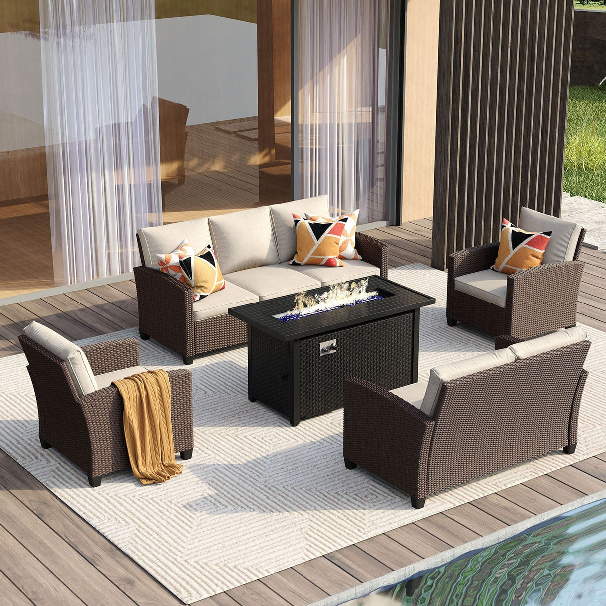 Vicllax Patio Furniture Set, Wicker Outdoor Conversation Set with Cushioned Sofa Chairs Fire Pit Table and Ottomans