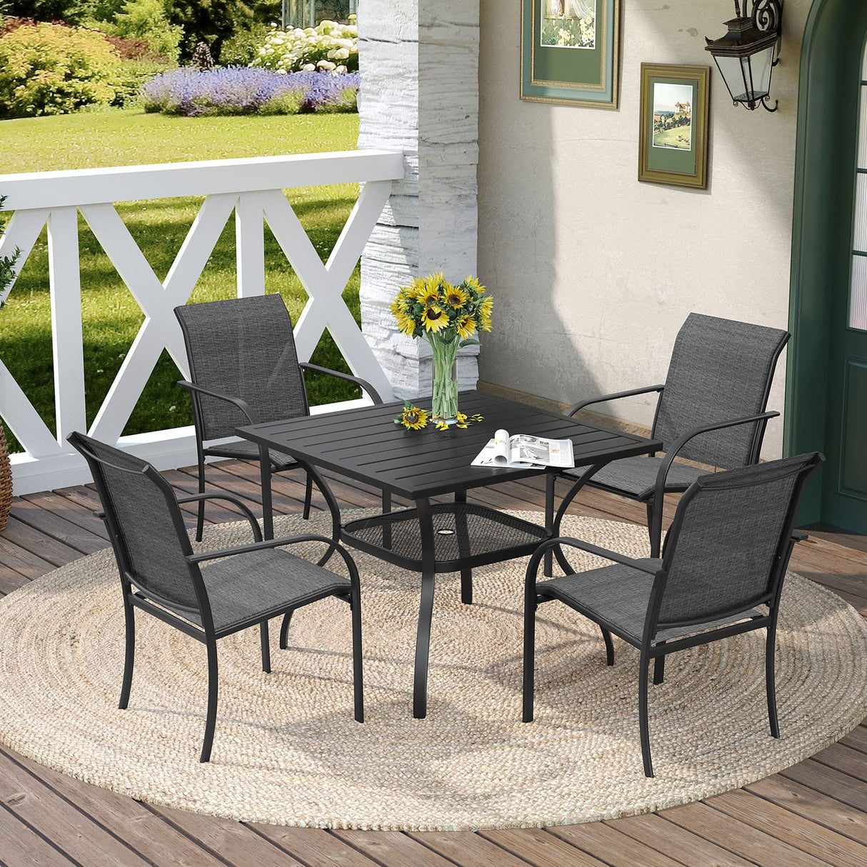 Vicllax 5 Pieces Outdoor Dining Set, 37.8" Square Metal Table and Stackable Sling Chairs