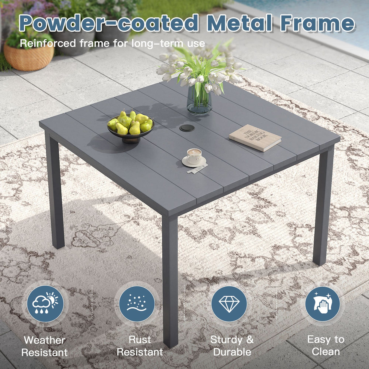 Vicllax 5pcs Outdoor Dining Set, Square Metal Table and 4 Textilene Swivel Chairs