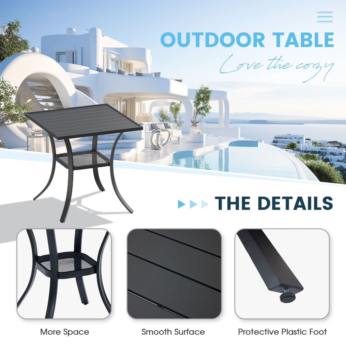 Vicllax 3 Pieces Outdoor Dining Set, 27.6" Square dining Table and 2 Stackable Metal Armchairs