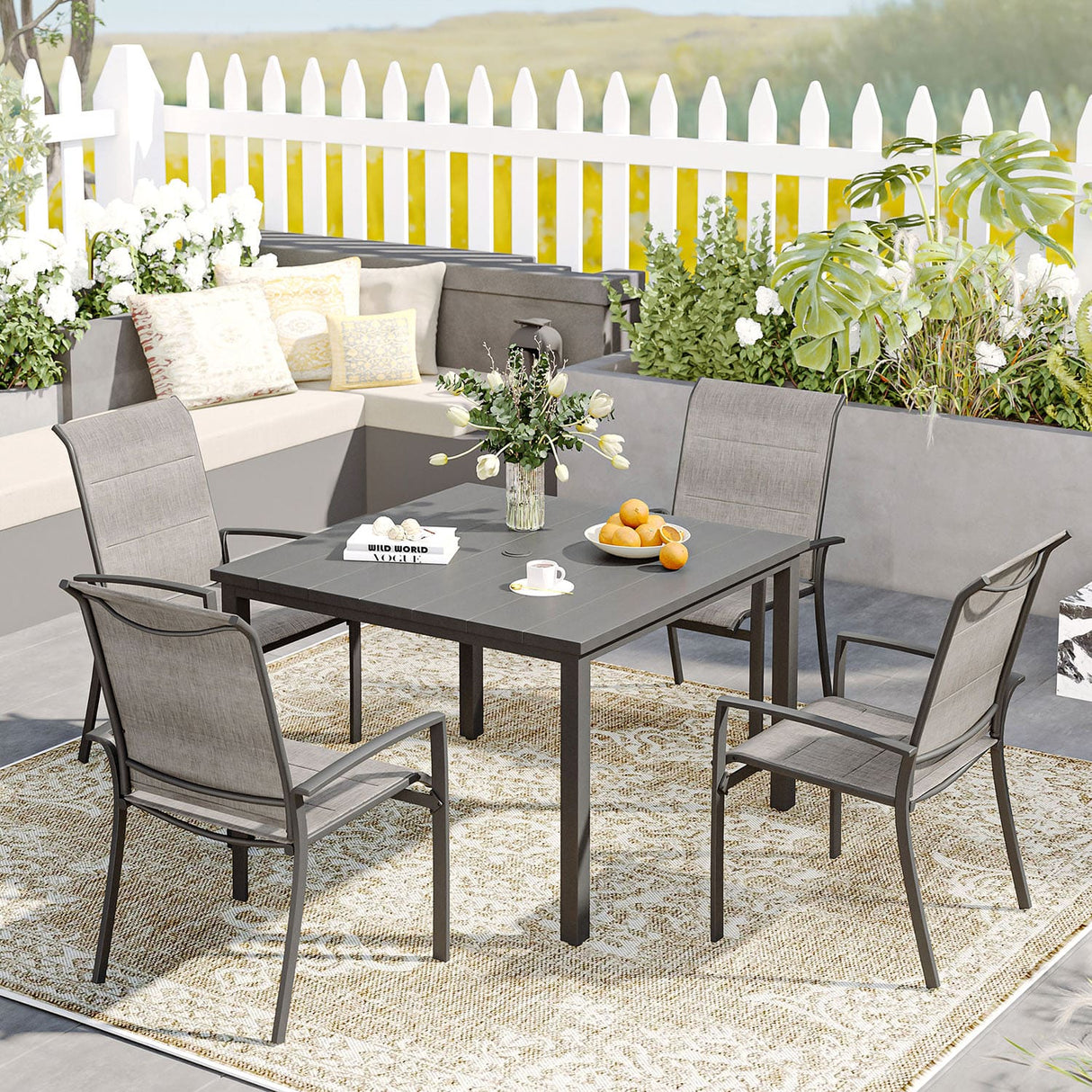 Vicllax 5 Pieces Outdoor Dining Set with 40" Square Table and Padded Stackable Chairs
