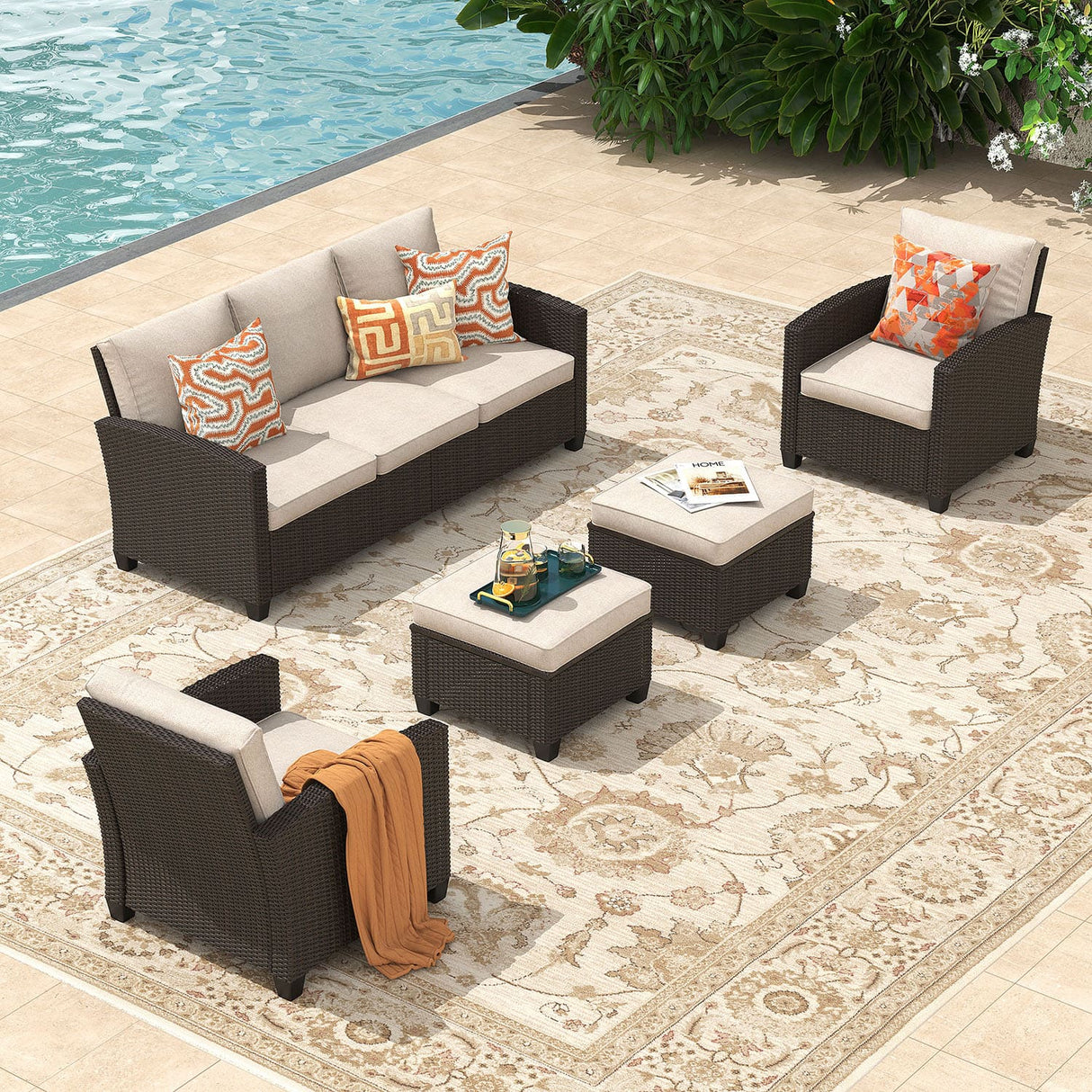Vicllax Patio Furniture Set, Wicker Outdoor Conversation Set with Cushioned Sofa Chairs and Ottomans