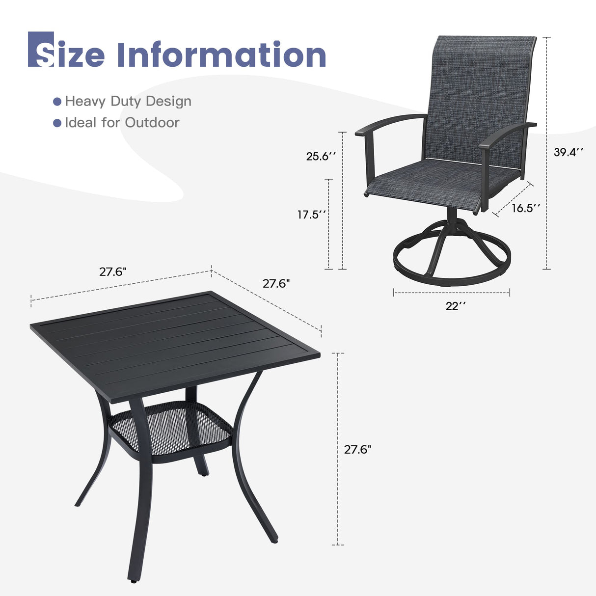 Vicllax 3 Pcs Outdoor Dining Set, 27.6" Square Bar Table and 2 Swivel Chairs
