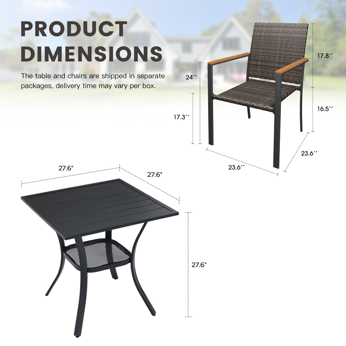 Vicllax 3 Pieces Outdoor Dining Set, 27.6" Square dining Table and 2 Stackable Metal Armchairs