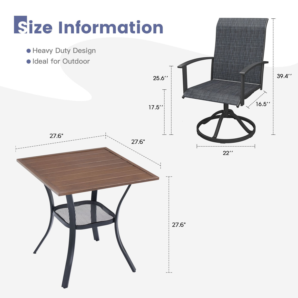Vicllax 3 Pcs Outdoor Dining Set, 27.6" Square Bar Table and 2 Swivel Chairs