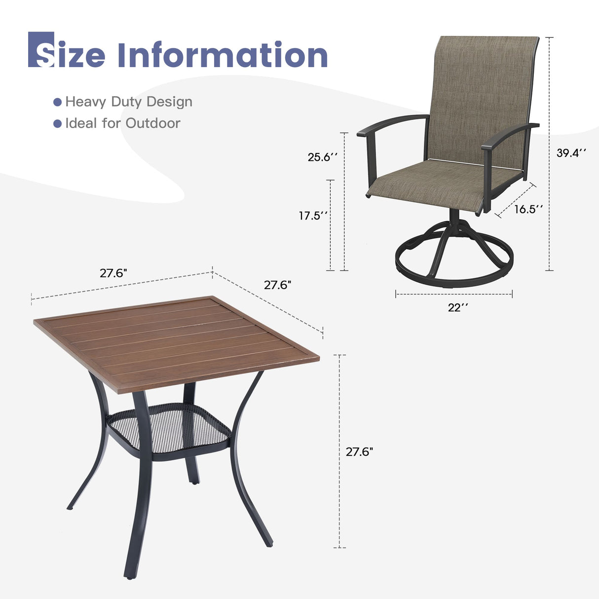 Vicllax 3 Pcs Outdoor Dining Set, 27.6" Square Bar Table and 2 Swivel Chairs