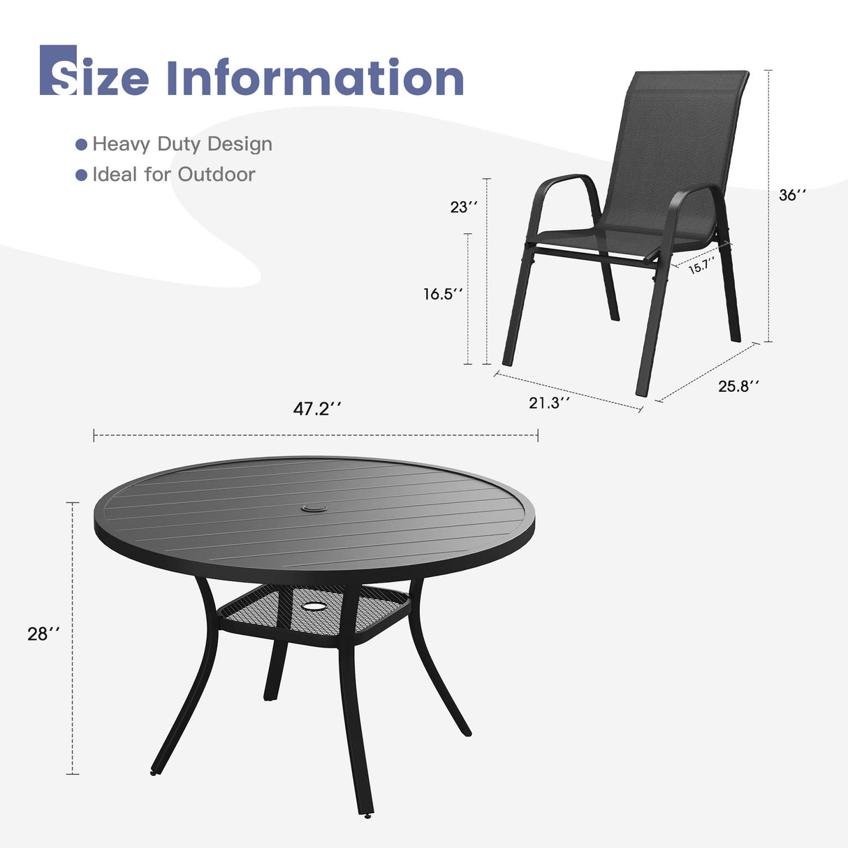 Vicllax 7 Pieces Outdoor Dining Set, 47.2"Round Table and Horizon Stackable Chair