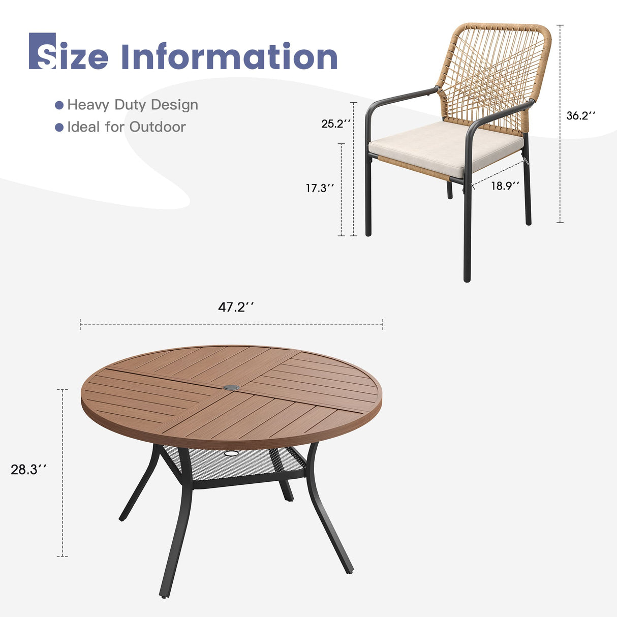 Vicllax 7 PCS Patio Dining Table Set,47" Round Metal Table with Shelf and Alora Stackable Chair