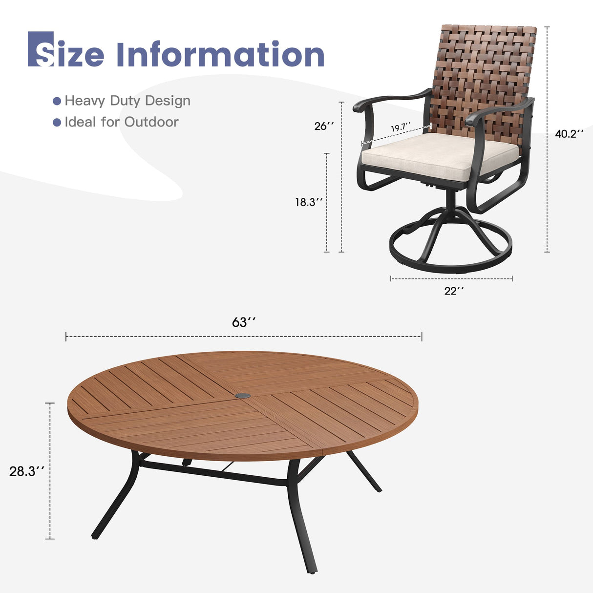 Vicllax 9 PCS Patio Dining Table Set, 63" Round Metal Table and Sienna Swivel Chairs