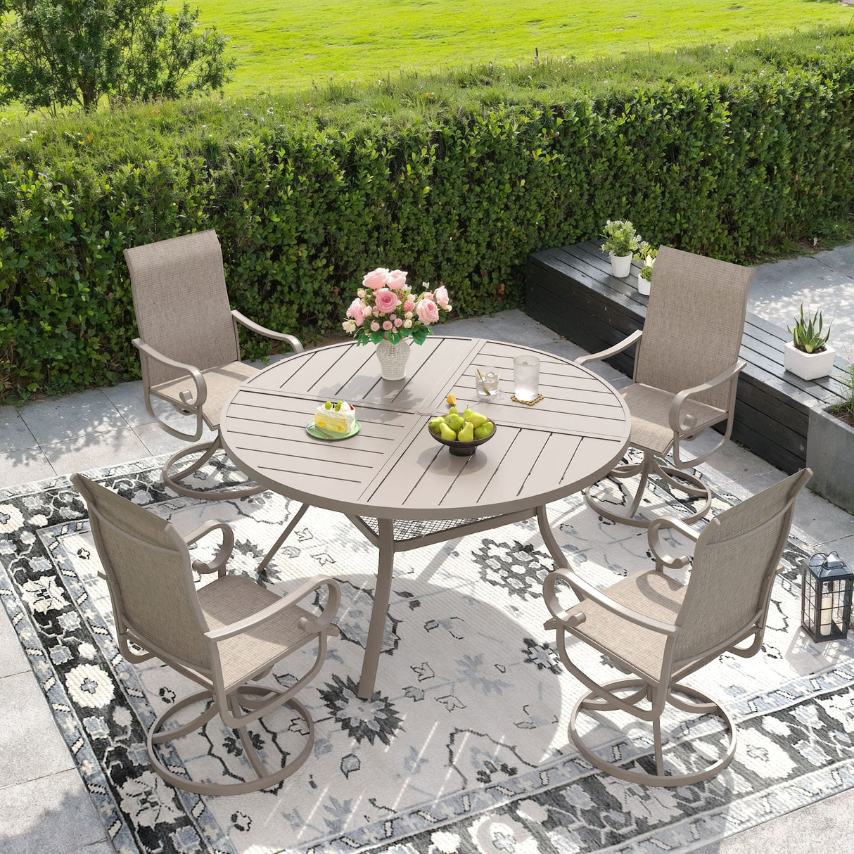 Vicllax 47" Patio Round Dining Table Set of 4, Metal Dining Table with Storage Shelf and Swivel Dining Chairs